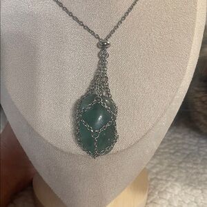 Silver Chain Necklace with Green chalcedony Stone Pendant